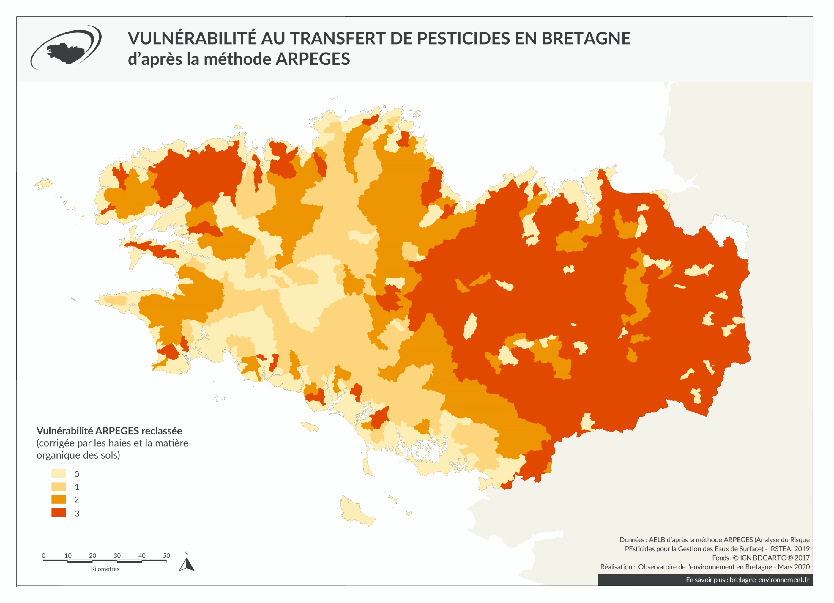 Vulnérabilité au transfert de pesticides en Bretagne d'après la méthode ARPEGES