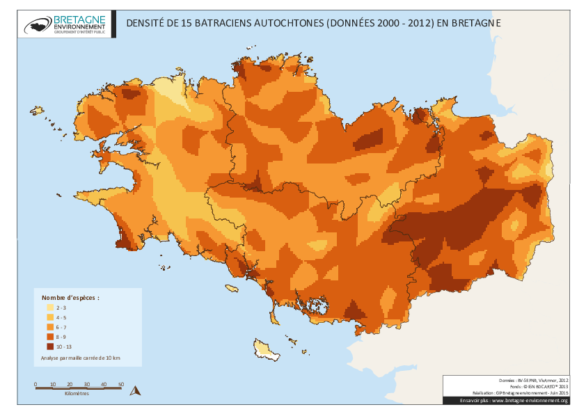Densité de 15 batraciens autochtones (données 2000 - 2012)