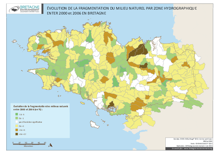 Évolution de la fragmentation du milieu naturel par zone hydrographique entre 2000 et 2006