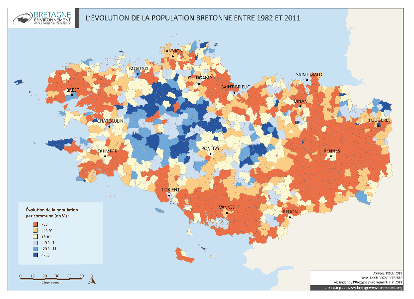 Evolution de la population des communes bretonnes entre 1982 et 2011