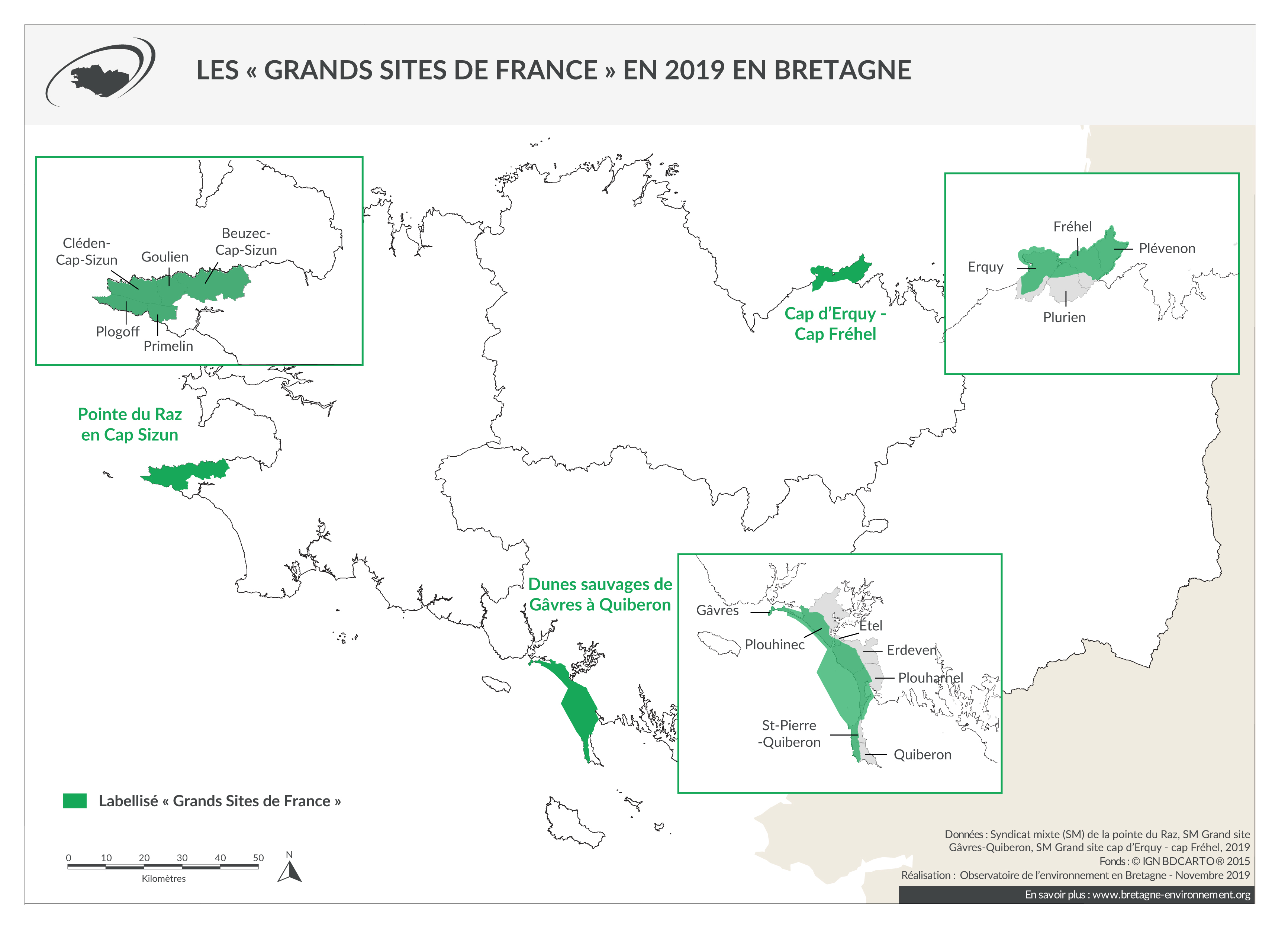 Localisation et communes des "Grands Sites de France" en Bretagne - État en novembre 2019