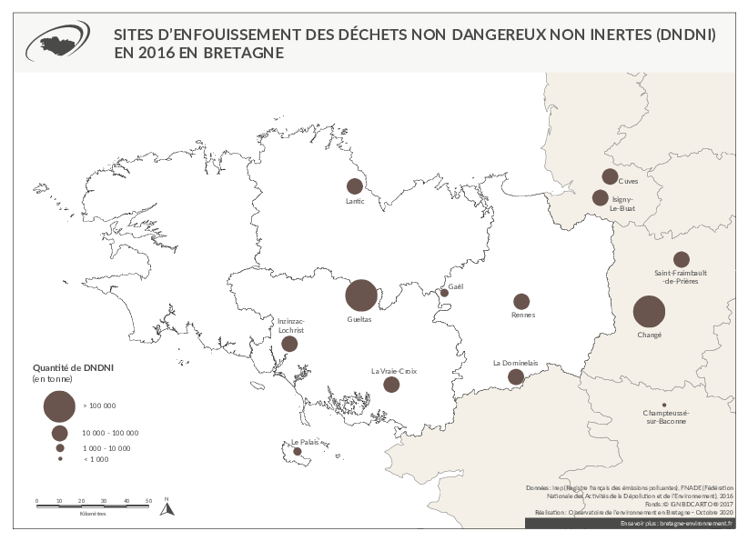 Sites d'enfouissement des déchets non dangereux non inertes en 2016 en Bretagne
