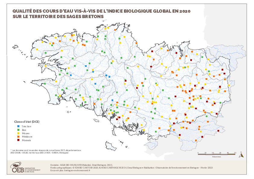 Qualité biologique globale des cours d'eau bretons en 2020