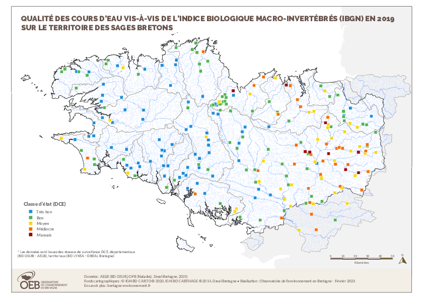  Qualité des cours d'eau bretons vis-à-vis de l'indice macro-invertébrés (IBGN) en 2019