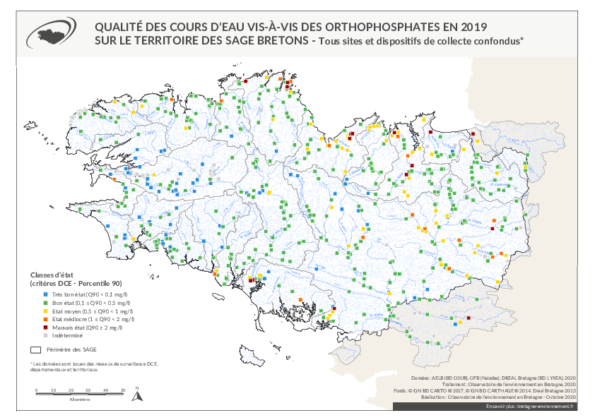 Qualité des cours d'eau bretons vis-à-vis des orthophosphates en 2019