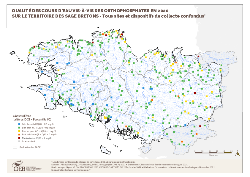 Qualité des cours d'eau bretons vis-à-vis des orthophosphates en 2020