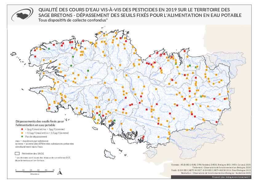Qualité des cours d'eau bretons vis-à-vis des pesticides en 2019 - Dépassement des seuils fixés pour l'alimentation en eau potable (AEP)