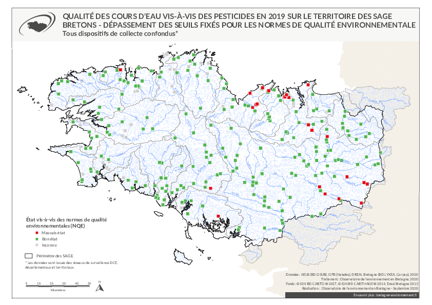 Qualité des cours d'eau bretons vis-à-vis des pesticides en 2019 - Dépassement des seuils fixés pour les normes de qualité environnementale (NQE)