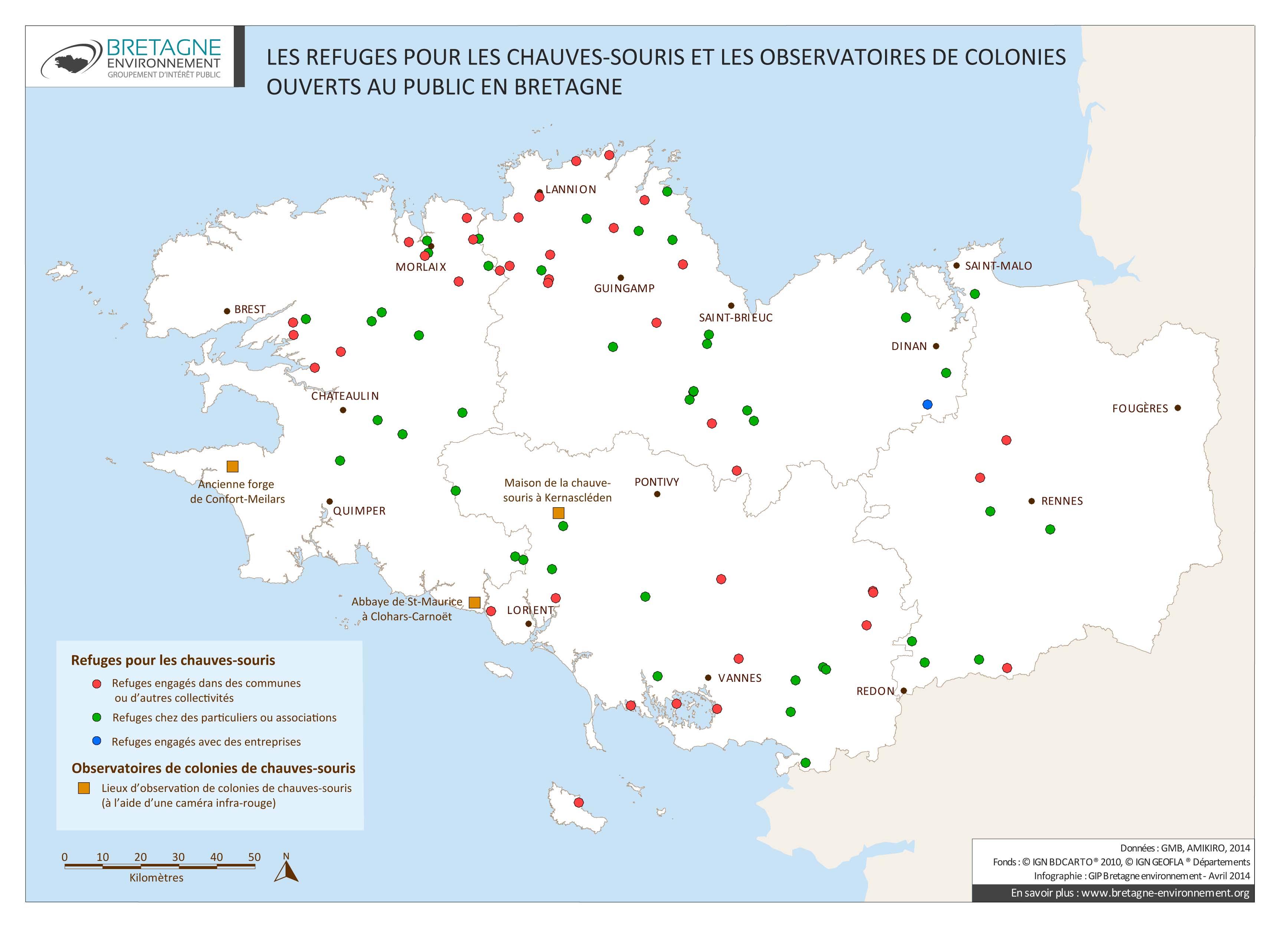Les refuges pour les chauves-souris et les observatoires de colonies ouverts au public en Bretagne - Situation en 2014