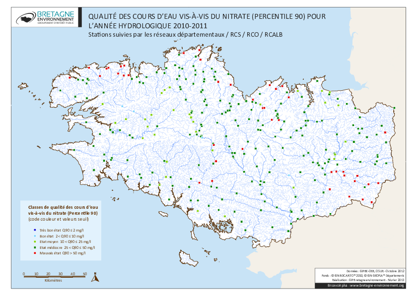 Qualité des cours d'eau bretons vis-à-vis du nitrate (Q90) - année hydrologique 2010/2011