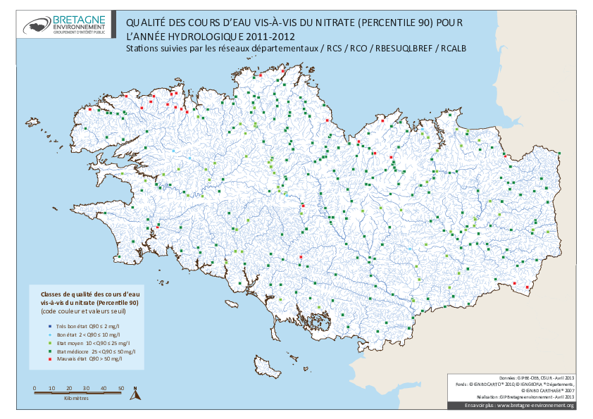 Qualité des cours d'eau bretons vis-à-vis du nitrate (Q90) - année hydrologique 2011/2012