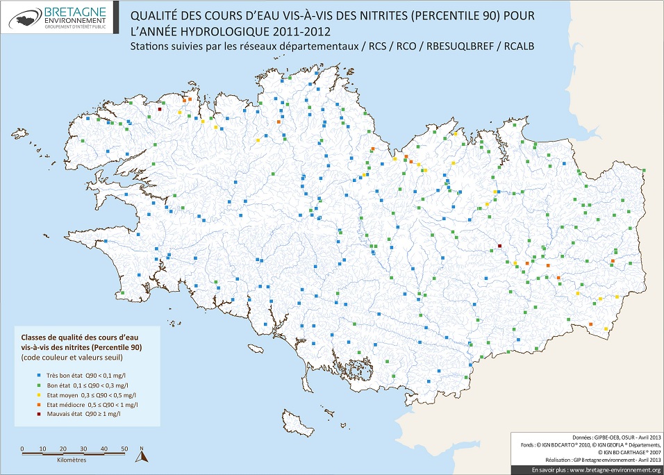 Qualité des cours d'eau bretons vis-à-vis du nitrite (Q90) - année hydrologique 2011/2012
