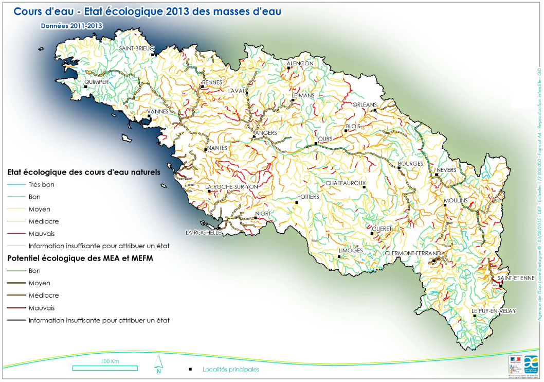 État écologique 2013 des eaux de surface de type cours d'eau - Bassin Loire-Bretagne