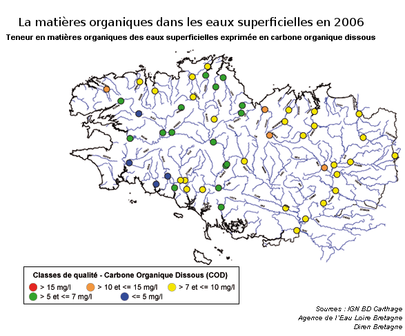 Qualité des cours d'eau bretons vis-à-vis des matières organiques dans les eaux de surface en 2006 - Réseau RCS - Bilan de l'eau Dreal Bretagne