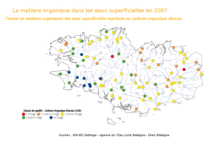 Qualité des cours d'eau bretons vis-à-vis des matières organiques dans les eaux de surface en 2007 - Réseau RCS - Bilan de l'eau Dreal Bretagne