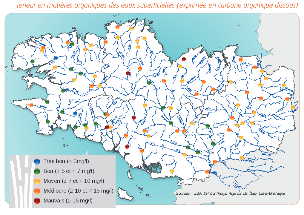Qualité des cours d'eau bretons vis-à-vis des matières organiques dans les eaux de surface en 2014 - Réseau RCS - Bilan de l'eau Dreal Bretagne