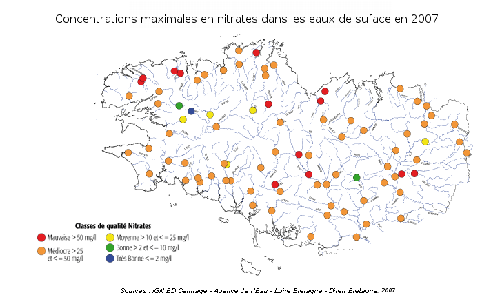 Qualité des cours d'eau bretons vis-à-vis des nitrates (Q90) dans les eaux de surface en 2007 - Réseau RCS - Bilan de l'eau Dreal Bretagne