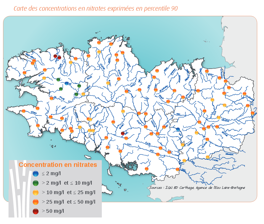 Qualité des cours d'eau bretons vis-à-vis des nitrates (Q90) dans les eaux de surface en 2014 - Réseau RCS - Bilan de l'eau Dreal Bretagne