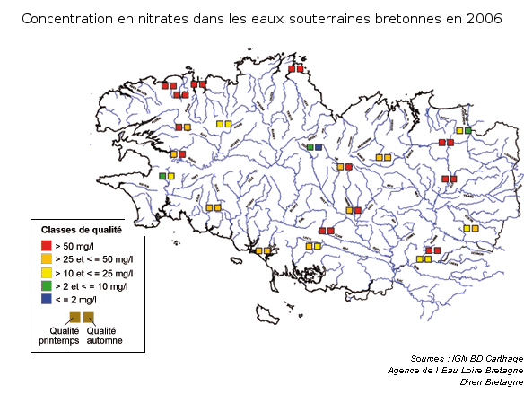 Qualité des eaux souterraines vis-à-vis des nitrates en 2006 - Réseau RCS - Bilan de l'eau Dreal Bretagne