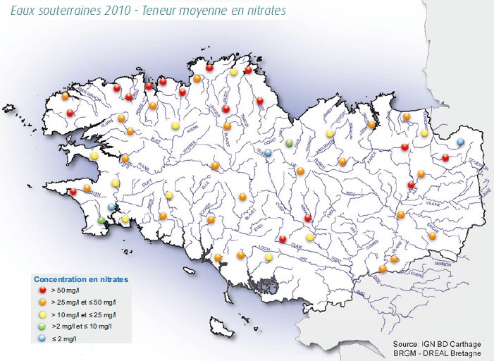 Qualité des eaux souterraines vis-à-vis des nitrates en 2010 - Réseau RCS - Bilan de l'eau Dreal Bretagne