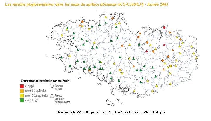 Qualité des eaux vis-à-vis des pesticides dans les eaux de surface en 2007 - Réseaux RCS et Corpep - Bilan de l'eau Dreal Bretagne
