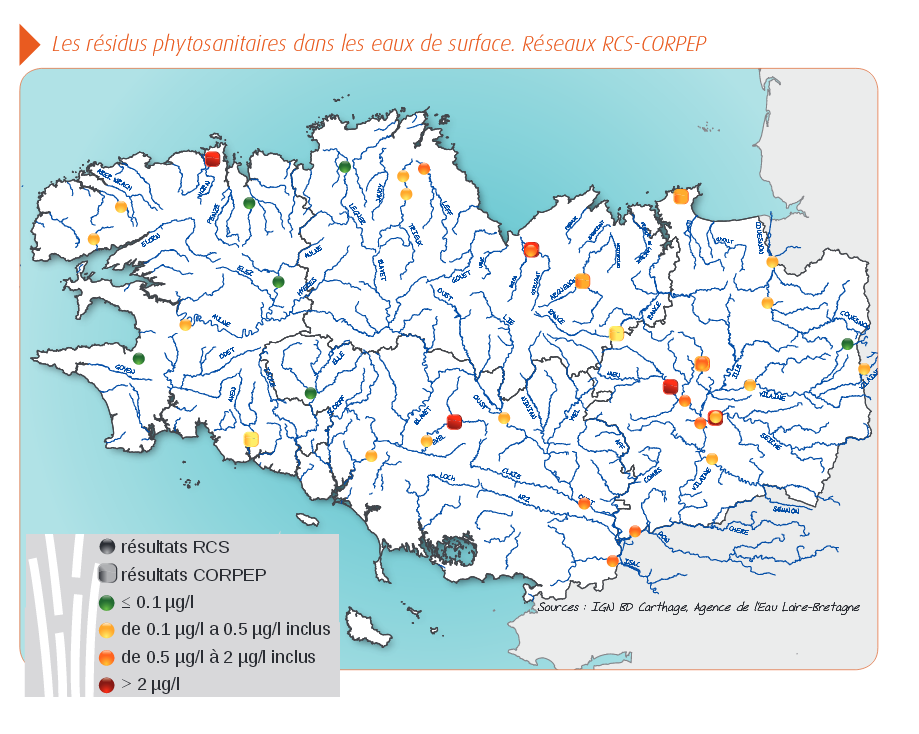 Qualité des eaux vis-à-vis des pesticides dans les eaux de surface en 2014 - Réseaux RCS et Corpep - Bilan de l'eau Dreal Bretagne