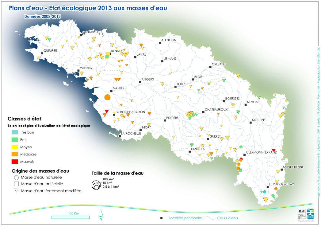 État écologique 2013 des eaux de surface de type plans d'eau - Bassin Loire-Bretagne