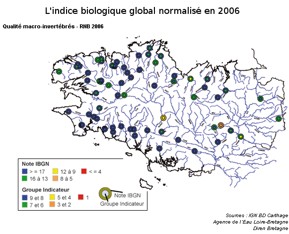 Qualité des cours d'eau bretons vis-à-vis de l'indice macro-invertébrés (IBGN) en 2006 - Réseau RCS - Bilan de l'eau Dreal Bretagne
