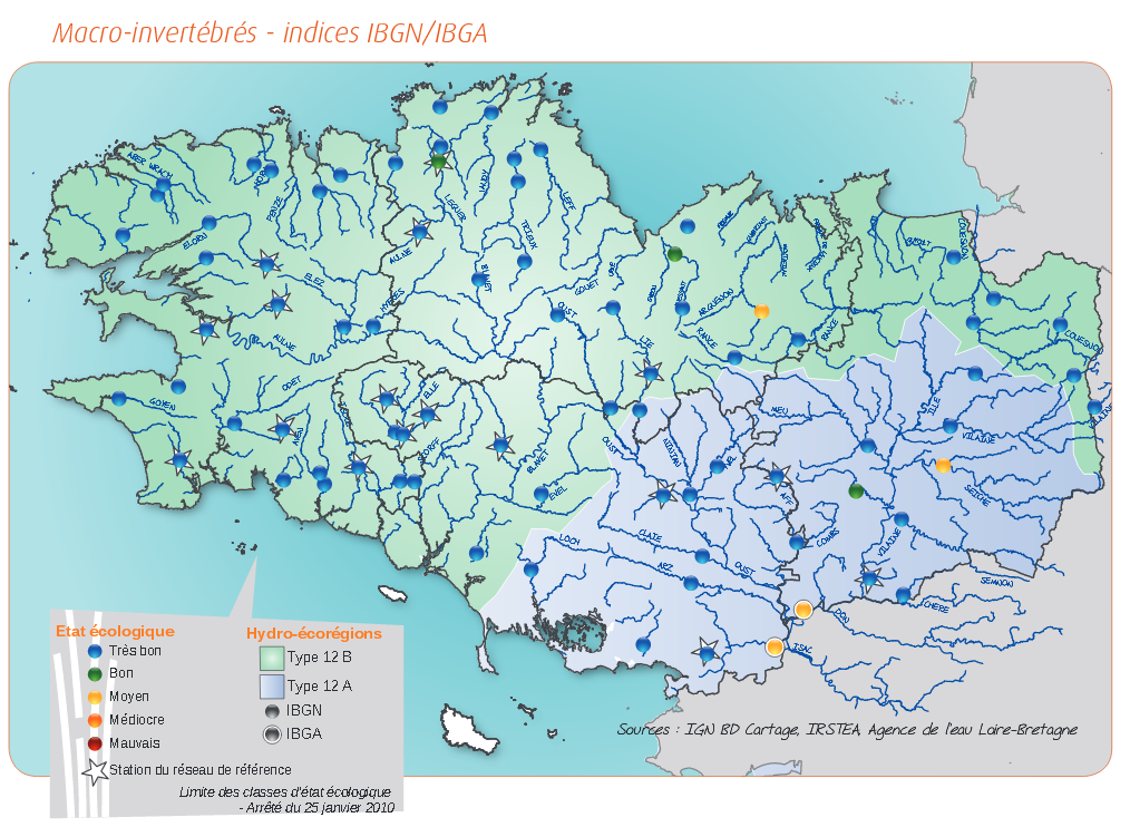 Qualité des cours d'eau bretons vis-à-vis de l'indice macro-invertébrés (IBGN) en 2014 - Réseau RCS - Bilan de l'eau Dreal Bretagne