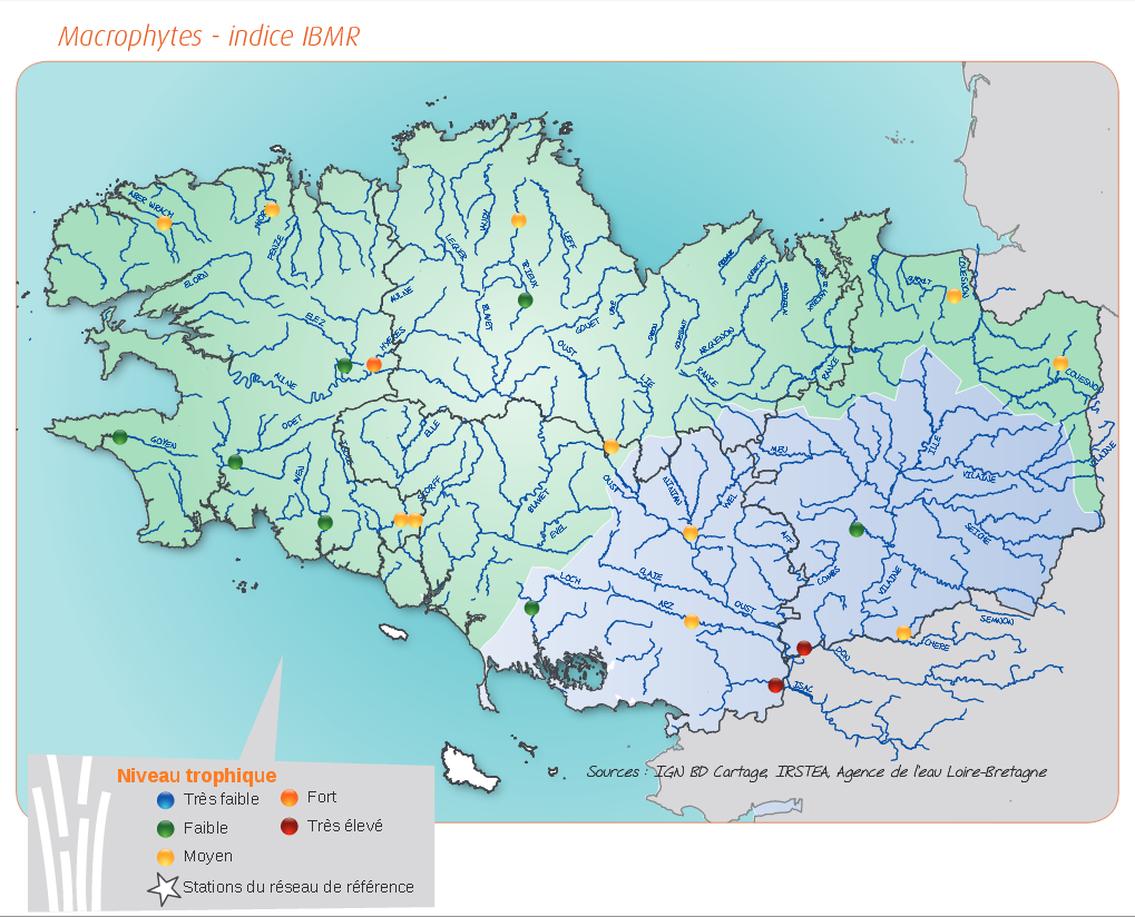 Qualité biologique des cours d'eau bretons selon l'indice macrophytique (IBMR) en 2014 - Réseau RCS - Bilan de l'eau Dreal Bretagne