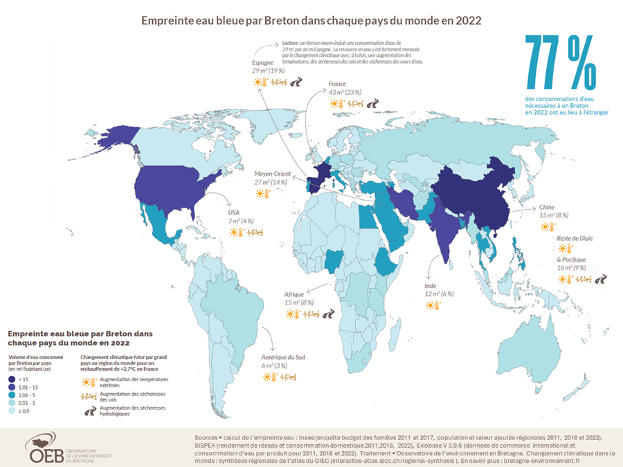 Carte de l'empreinte eau bleue des bretons dans chaque pays du monde en 2022