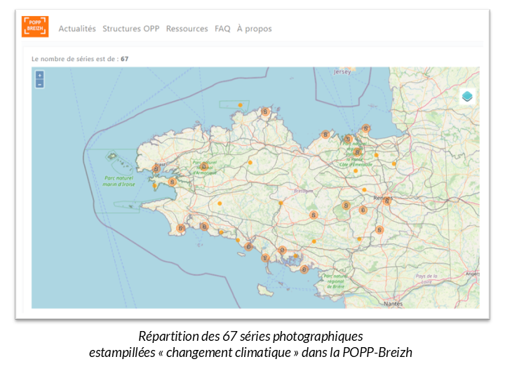 carte de répartition des 67 séries photographiques estampillées changement climatique dans la POPP Breizh