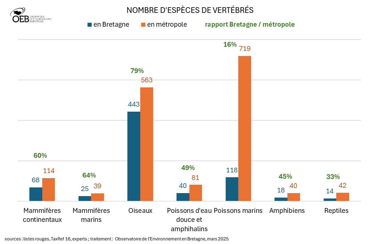 nombre d'espèces de vertébrés en Bretagne