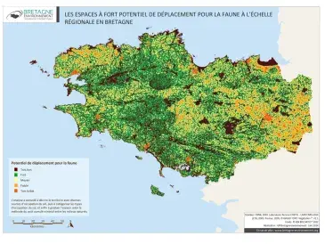 Les espaces à fort potentiel de déplacement pour la faune à l’échelle régionale en Bretagne