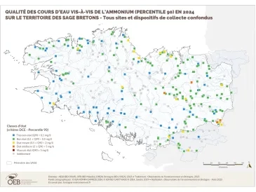 Qualité des cours d'eau bretons vis-à-vis de l'ammonium (Q90) en 2023