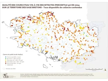 Qualité des cours d'eau bretons vis-à-vis des nitrates (Q90) en 2022