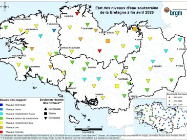 Etat des nappes d'eau souterraine de la Bretagne à fin avril 2026