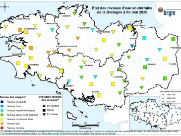 Etat des nappes d'eau souterraine de la Bretagne à fin mai 2026