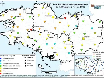 Etat des nappes d'eau souterraine de la Bretagne à fin juin 2026