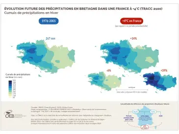 Évolution future des précipitations en Bretagne dans une France à +4°C (TRACC 2100) - Cumuls de précipitations en hiver