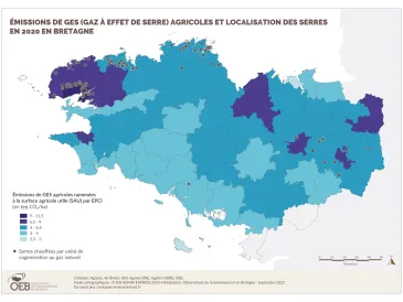 Émissions des GES agricoles et localisation des serres en 2020 en Bretagne