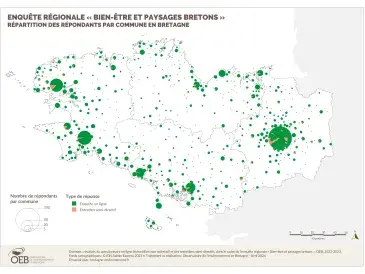 Répartition des répondants par commune en Bretagne - Enquête régionale « Bien-être et paysages bretons »