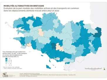 Évolution de la part modale des mobilités actives et des transports en commun dans les déplacements domicile-travail entre 2017 et 2022