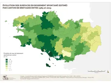 Évolution des surfaces en boisement spontané par canton en Bretagne entre 1958 et 2015