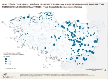Qualité des cours d'eau bretons vis-à-vis des pesticides en 2024 - Nombre de substances quantifiées