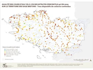 Qualité des cours d'eau bretons vis-à-vis des nitrates (Q90) en 2025