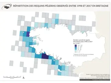 Répartition des requins pèlerins observés entre 1998 et 2017