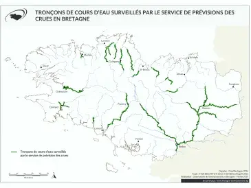 Tronçons de cours d'eau surveillés par le service de prévision des crues en Bretagne