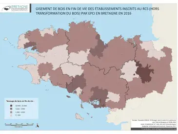 Gisement de bois en fin de vie des établissements inscrits au RCS (hors transformation du bois) par EPCI en 2016