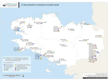 Localisation, nom et types d'établissements sensibles en Bretagne